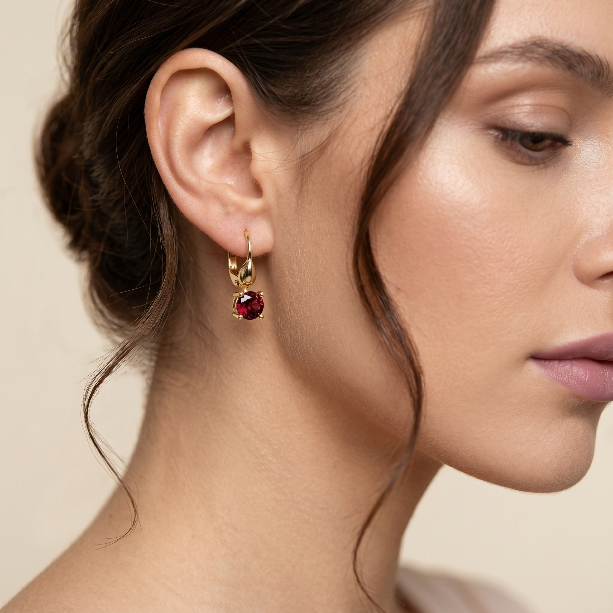 10K Yellow Gold Lever Back Earrings, Lab Garnet Drop Earrings