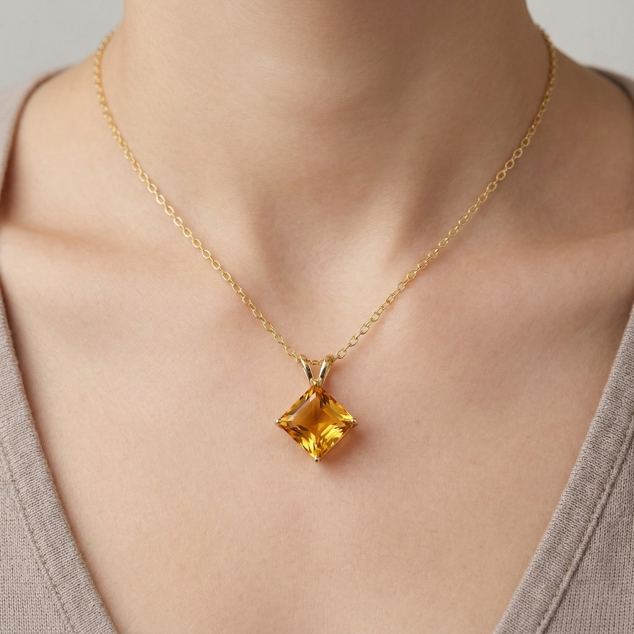 10K Yellow Gold Citrine Pendant Necklace, November Birthstone 6x6mm