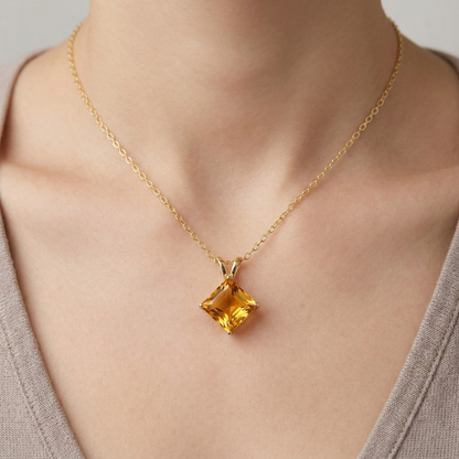 10K Yellow Gold Citrine Pendant Necklace, November Birthstone 6x6mm