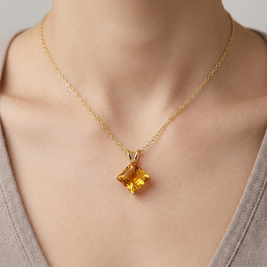 10K Yellow Gold Citrine Pendant Necklace, November Birthstone 6x6mm