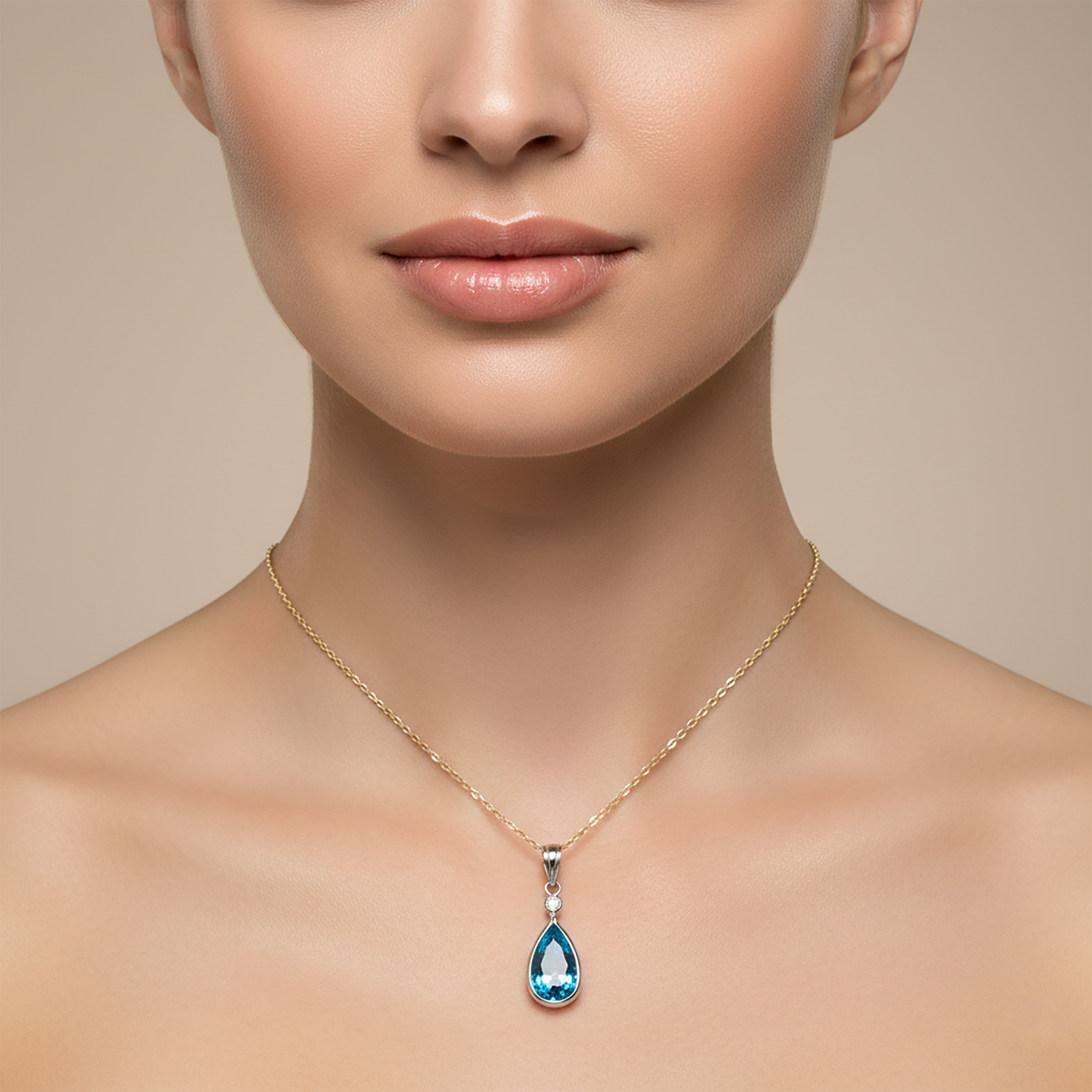 14K White Gold Blue Zircon & Diamond Teardrop Pendant Necklace