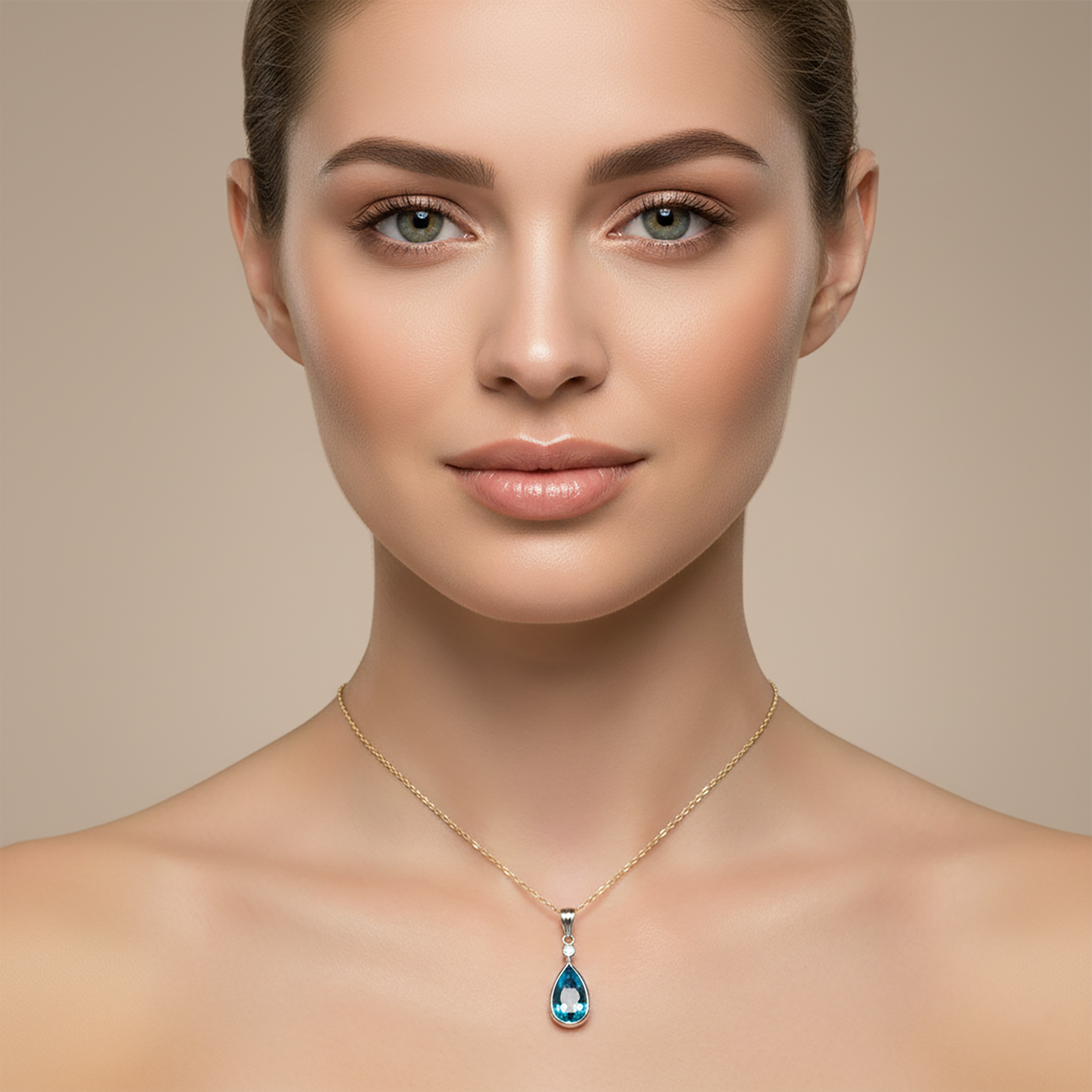 14K White Gold Blue Zircon & Diamond Teardrop Pendant Necklace
