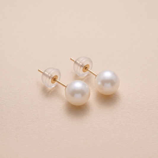 14K Solid Yellow Gold Freshwater Pearl Stud Earrings, June Birthstone Gift