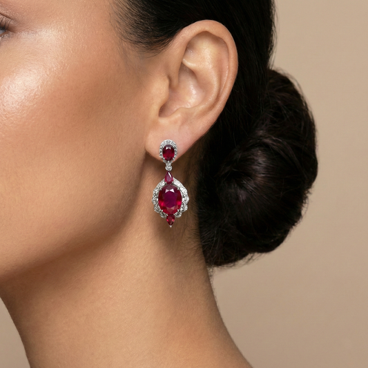 Sterling Silver Ruby Drop Earrings | CZ Halo, Omega Clip