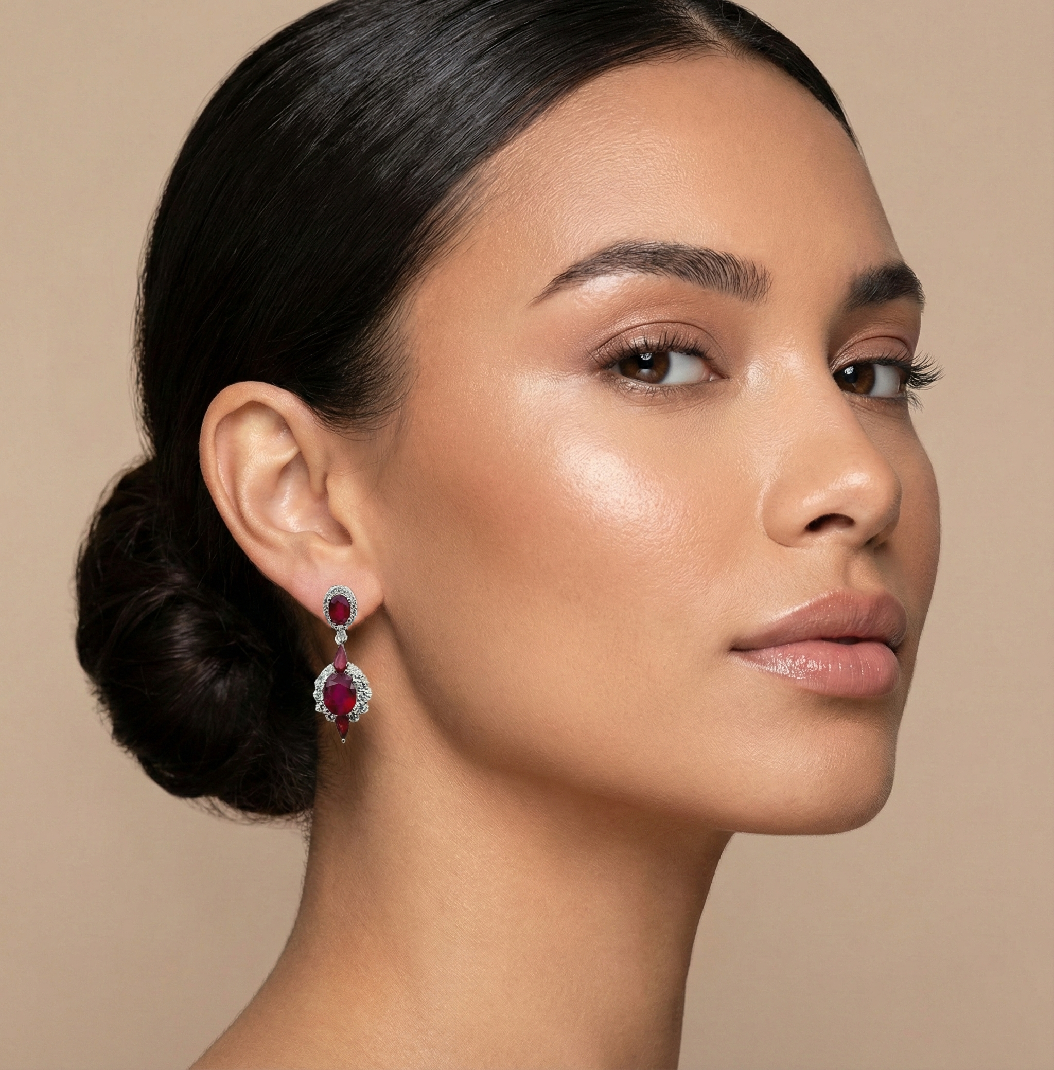 Sterling Silver Ruby Drop Earrings | CZ Halo, Omega Clip