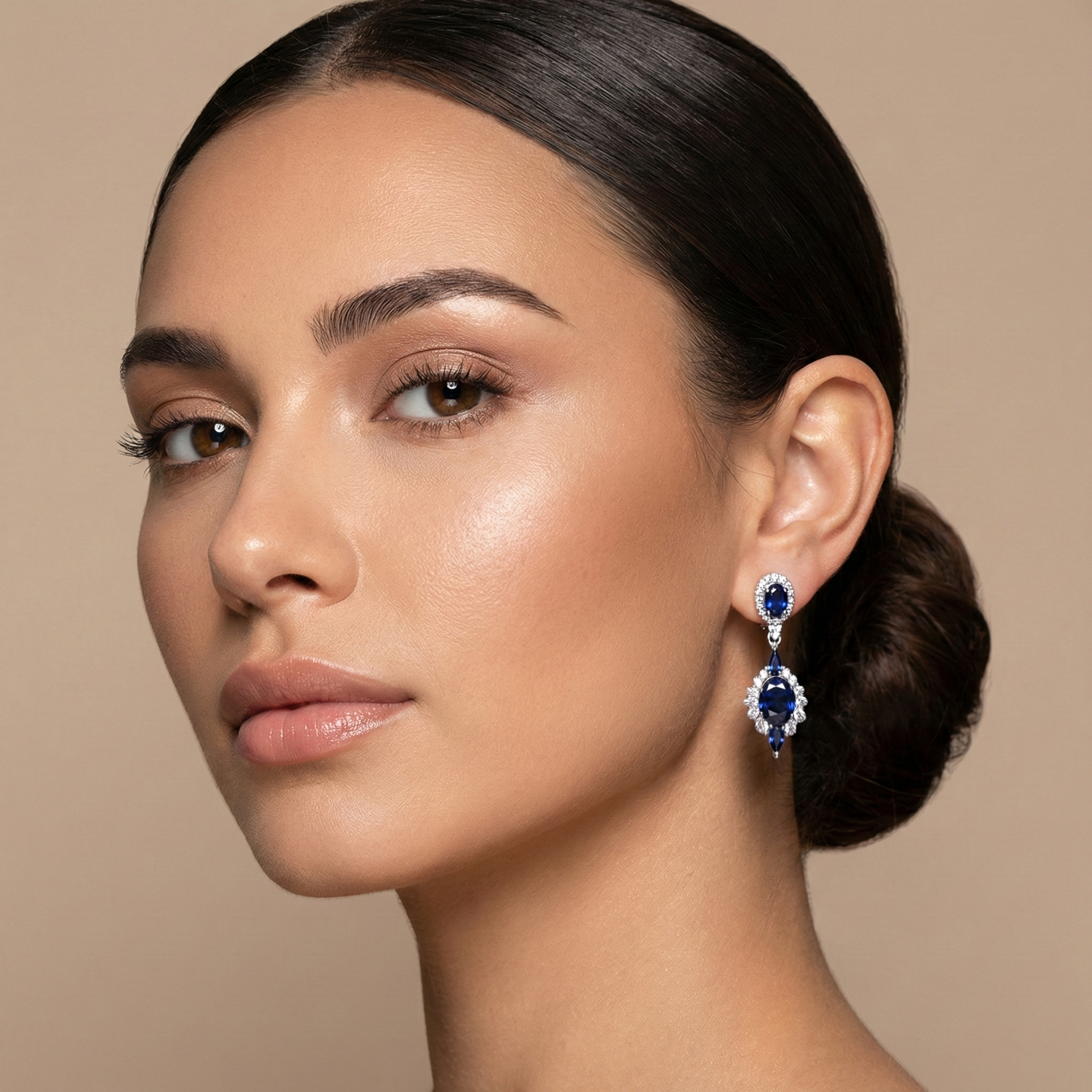 Blue Sapphire Sterling Silver Drop Earrings | Omega Clip, CZ Accents