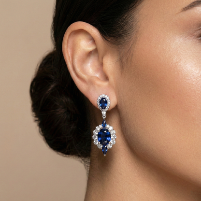 Blue Sapphire Sterling Silver Drop Earrings | Omega Clip, CZ Accents