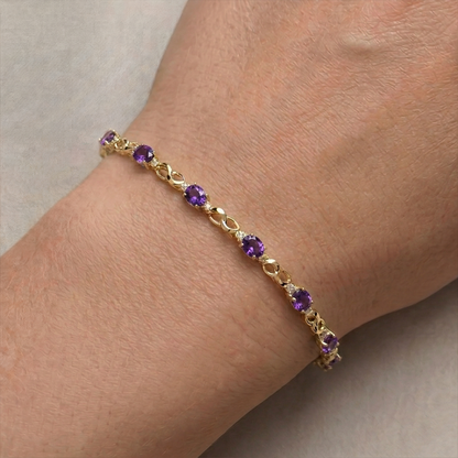 10K Yellow Gold Amethyst Bracelet with Diamonds, February Birthstone, Handmade Gold Jewelry