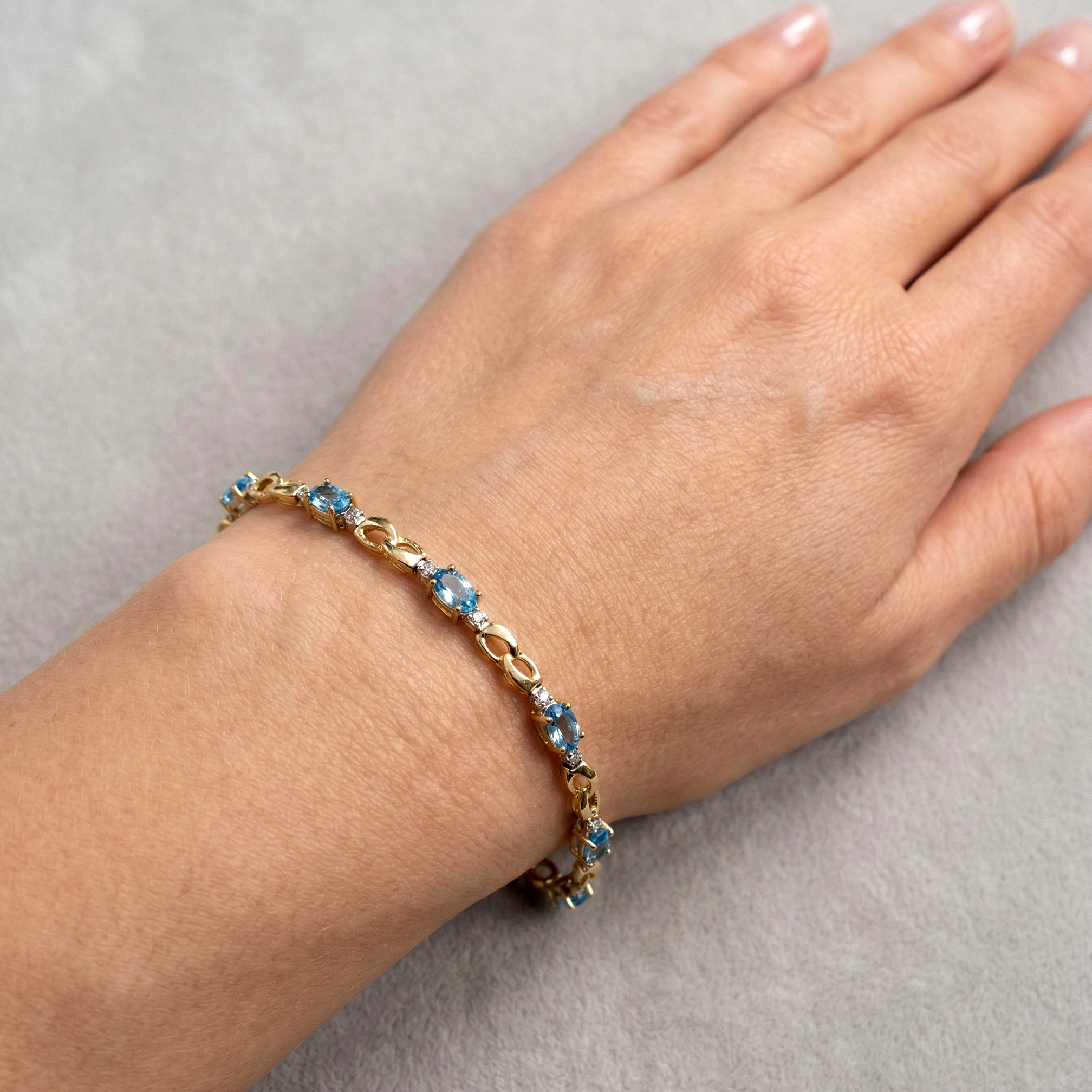 10K Yellow Gold Blue Topaz Bracelet, Diamond Accent, December Birthstone, Gift for Wife