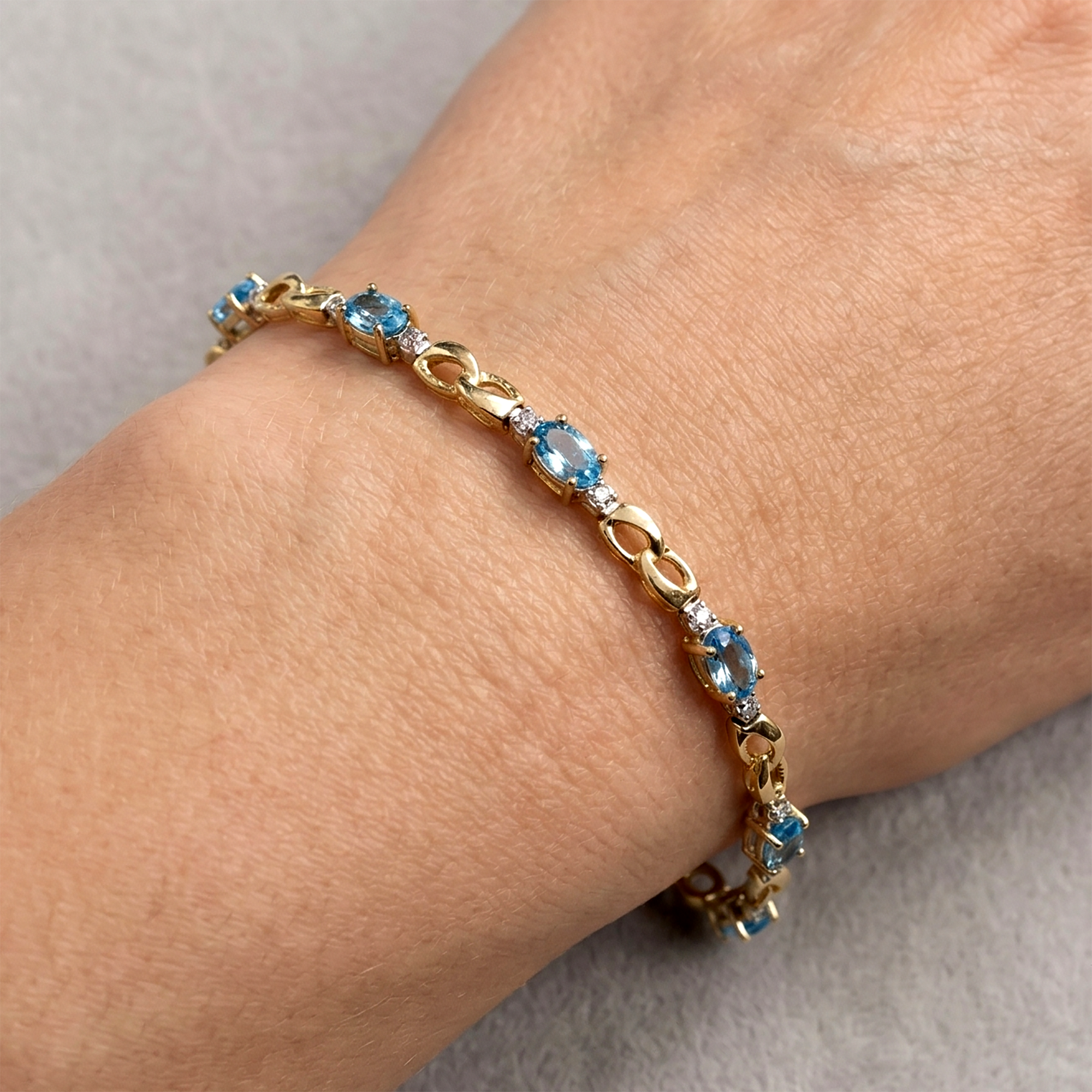 10K Yellow Gold Blue Topaz Bracelet, Diamond Accent, December Birthstone, Gift for Wife