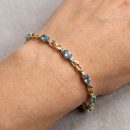 10K Yellow Gold Blue Topaz Bracelet, Diamond Accent, December Birthstone, Gift for Wife