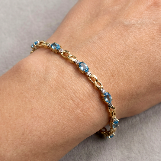 10K Yellow Gold Blue Topaz Bracelet, Diamond Accent, December Birthstone, Gift for Wife