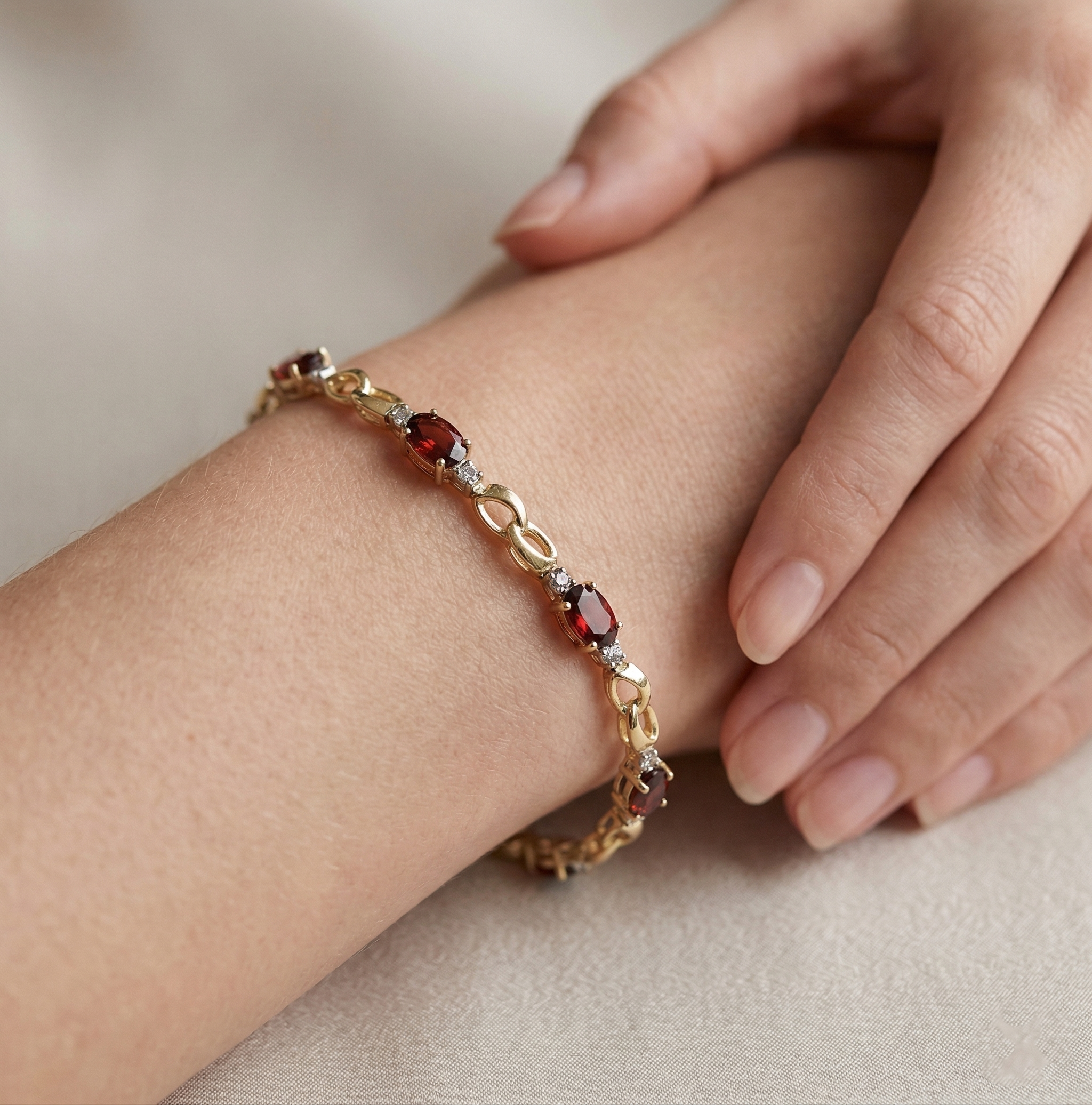 10K Yellow Gold Garnet Bracelet, January Birthstone Diamond Accent, Luxury Jewelry Gift