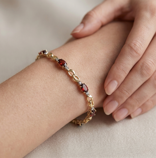 10K Yellow Gold Garnet Bracelet, January Birthstone Diamond Accent, Luxury Jewelry Gift