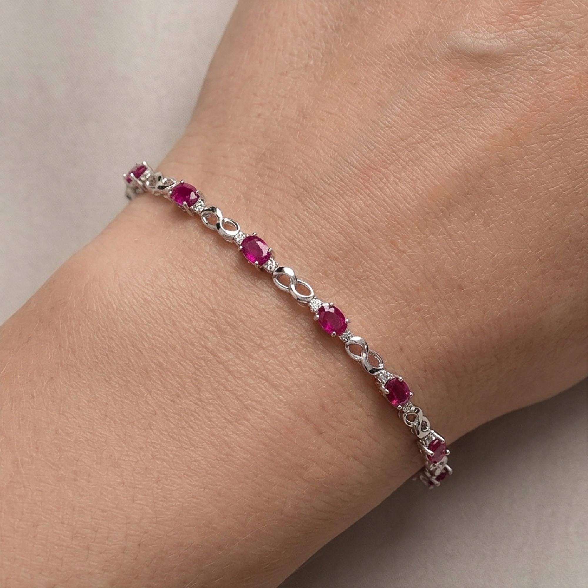 10K White Gold Ruby Bracelet, July Birthstone, Diamond Accent, Luxury Jewelry Gift