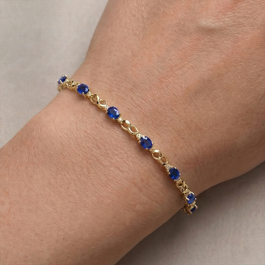 10K Yellow Gold Sapphire Bracelet, Dainty Diamond Accent, 7.5 Inch, Luxury Jewelry Gift