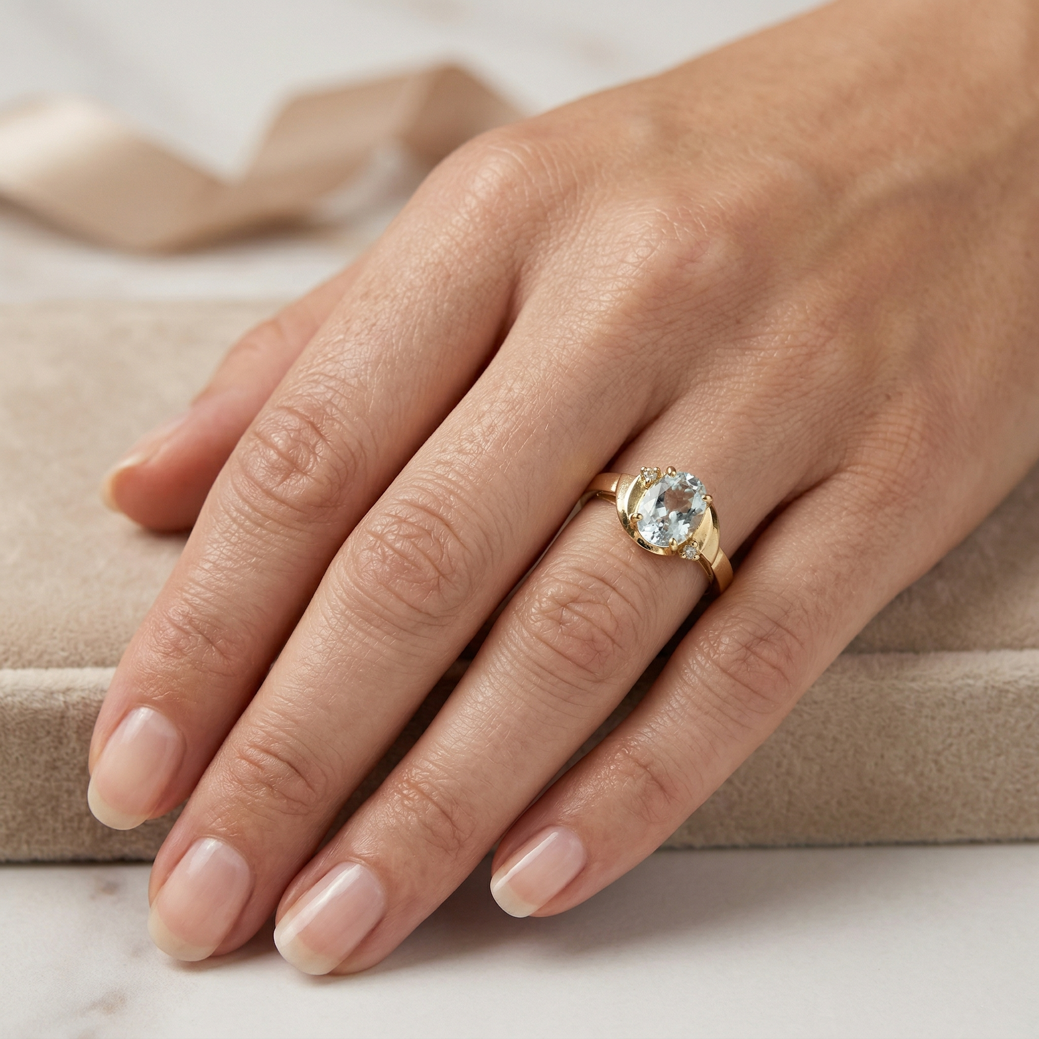 10K Gold Aquamarine Ring with Diamonds, 8x6mm Genuine Gemstone, Birthday Gift for Women