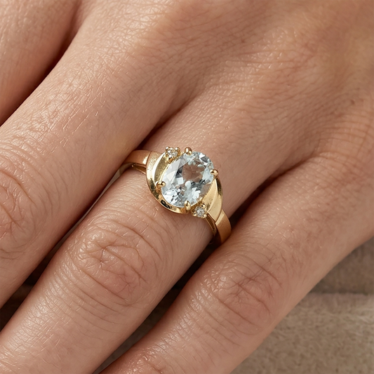 10K Gold Aquamarine Ring with Diamonds, 8x6mm Genuine Gemstone, Birthday Gift for Women