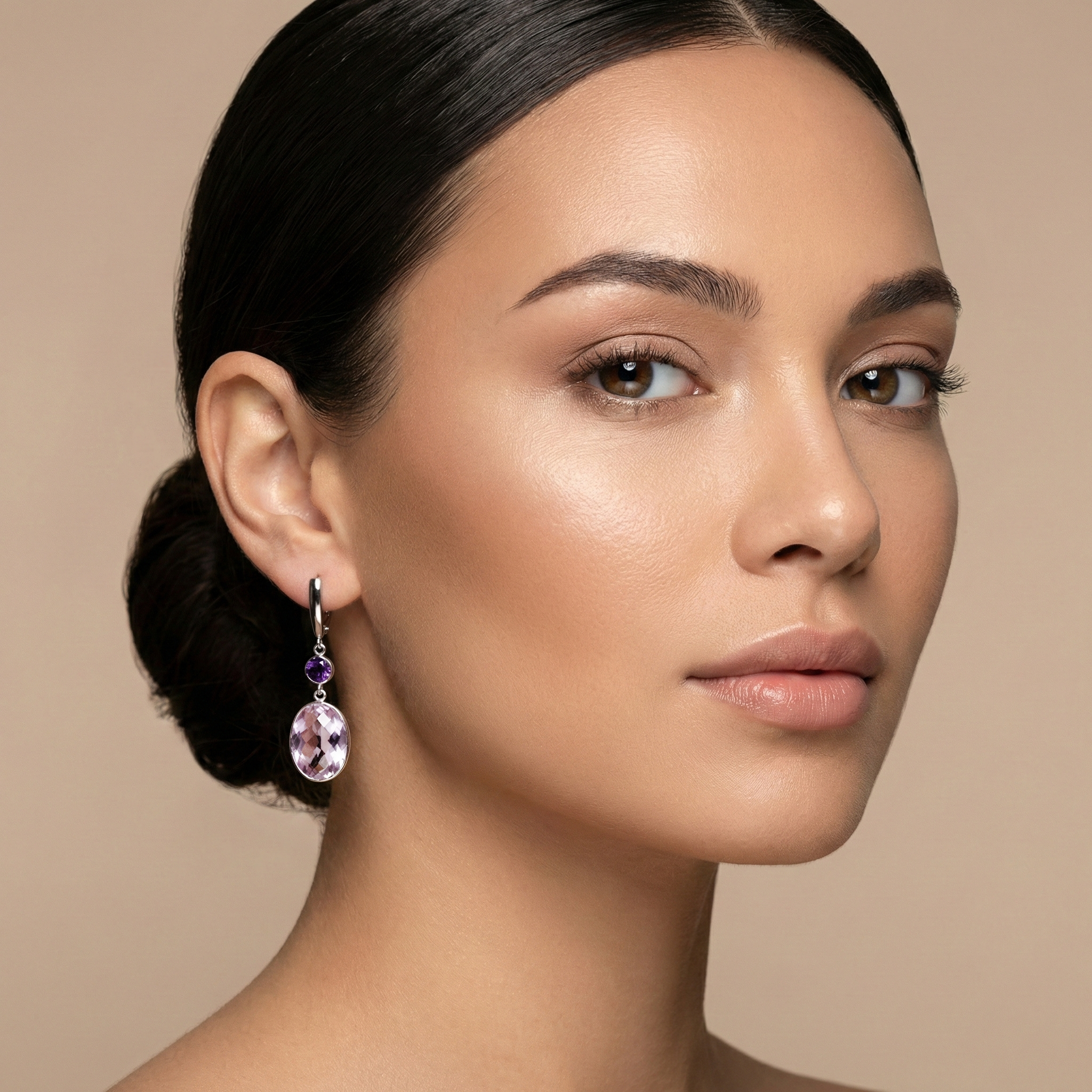 14K White Gold Amethyst Drop Earrings, Lever Back, Luxury Jewelry Gift
