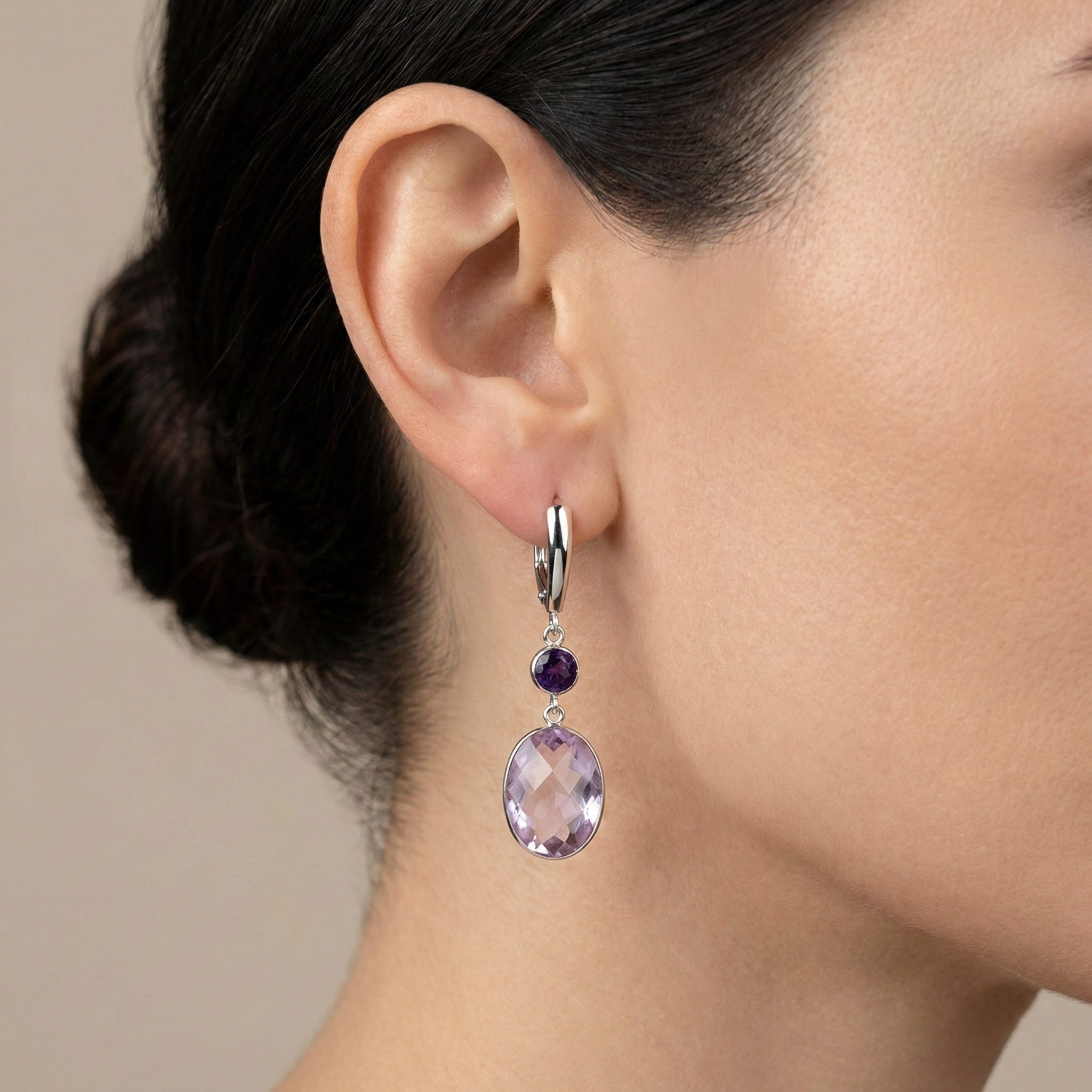 14K White Gold Amethyst Drop Earrings, Lever Back, Luxury Jewelry Gift