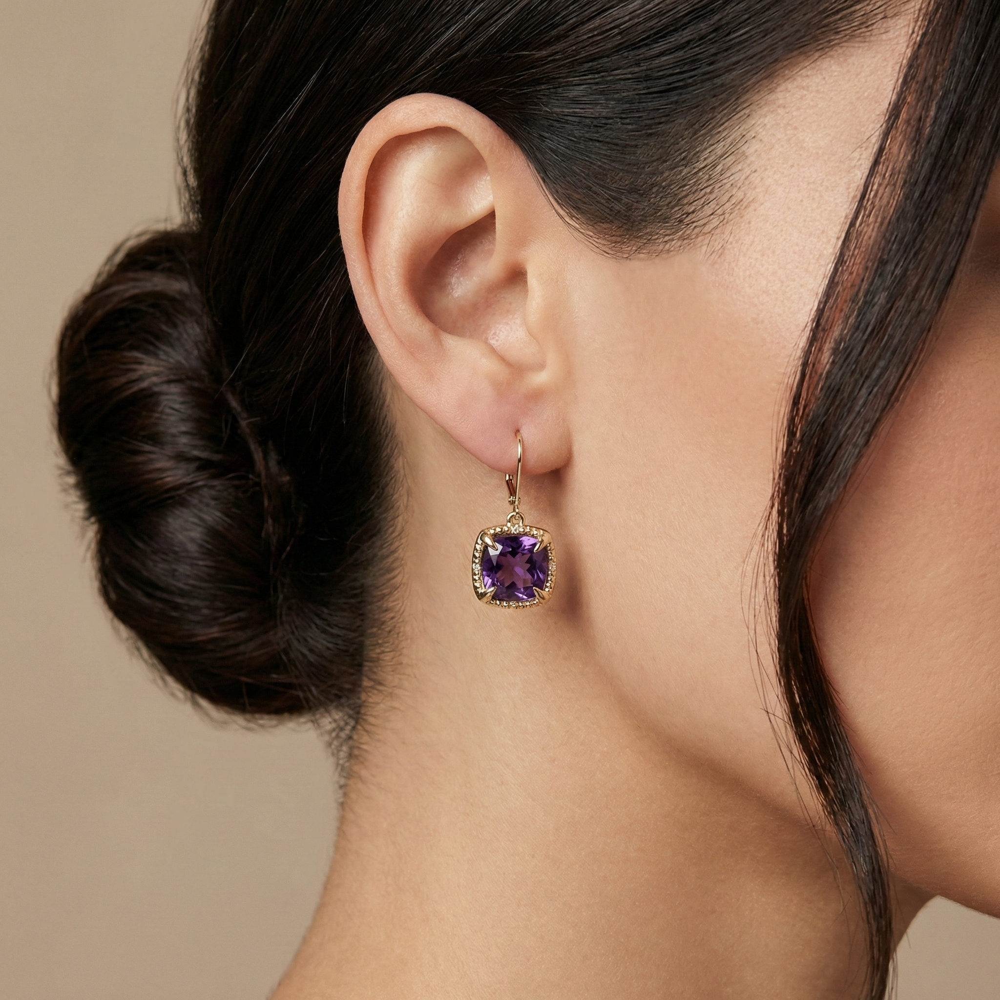 10k Yellow Gold Amethyst Gemstone Earrings, Diamond Accents, Luxury Jewelry Gift