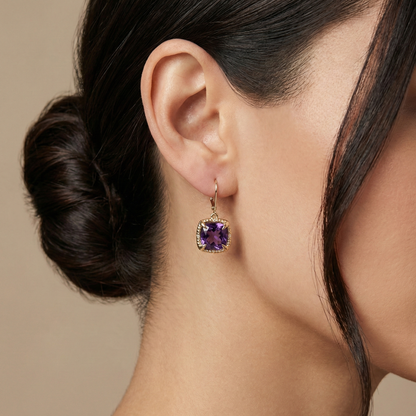 10k Yellow Gold Amethyst Gemstone Earrings, Diamond Accents, Luxury Jewelry Gift