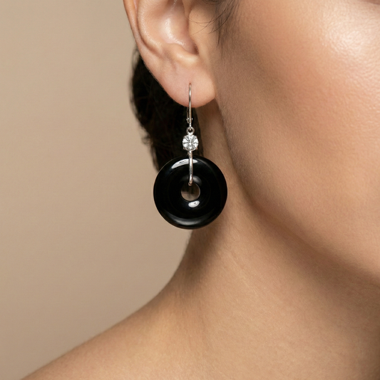 14K White Gold Black Onyx Drop Earrings, White Topaz Accents