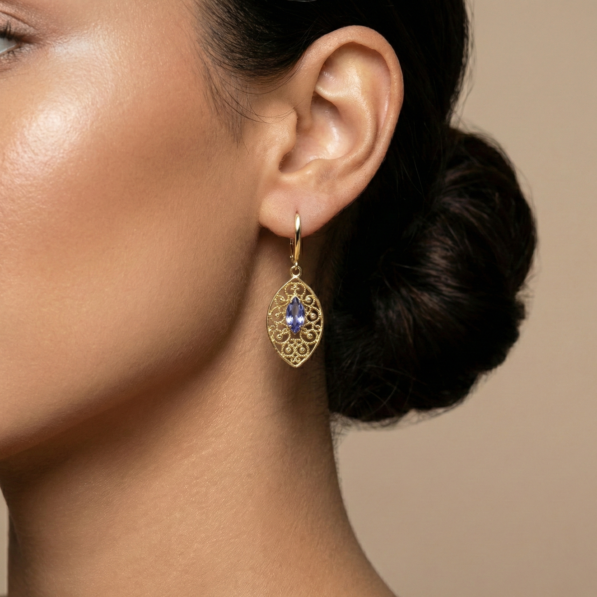 10K Gold Tanzanite Drop Earrings, Marquise Lever Back