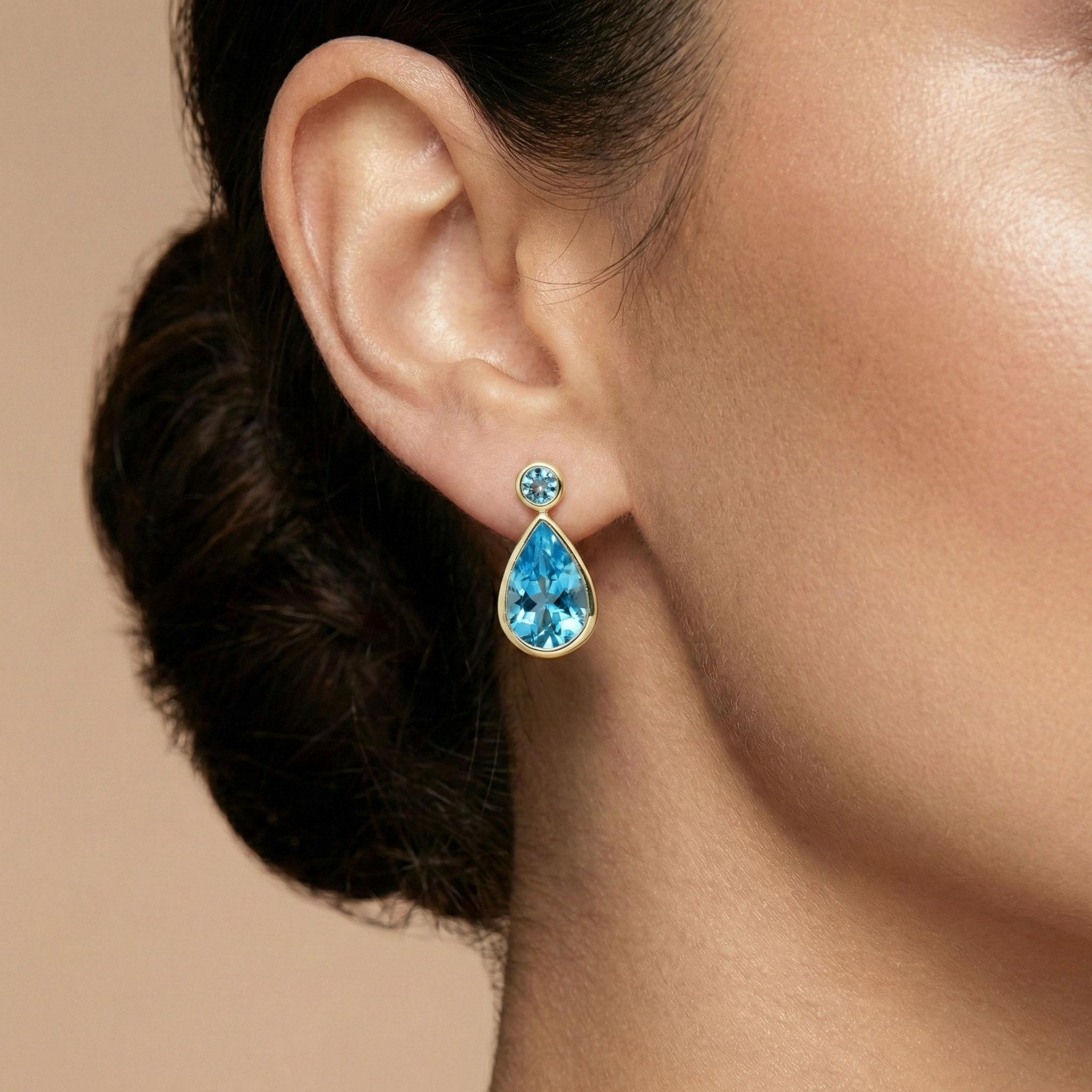 14k Yellow Gold Blue Topaz Teardrop Stud Earrings, December Birthstone, Luxury Jewelry Gift