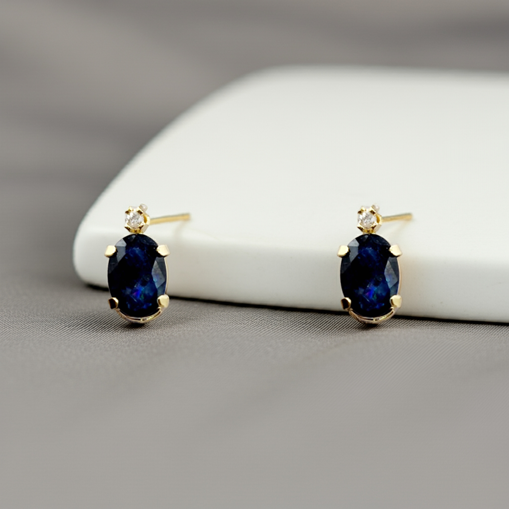 10K Gold Blue Sapphire Stud Earrings | 10K Yellow Gold Genuine Blue Sapphire with Diamond Stud Earrings, September Birthstone Jewelry, Gifts