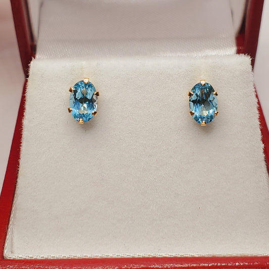 Gold Blue Topaz Stud Earrings, 10K Yellow Gold Blue Topaz 6X4mm Stud Earrings, December Birthstone, Genuine Topaz Jewelry