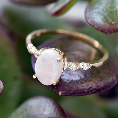 10K Gold Green Tourmaline Ring with Diamonds, Oval Gemstone Promise Ring