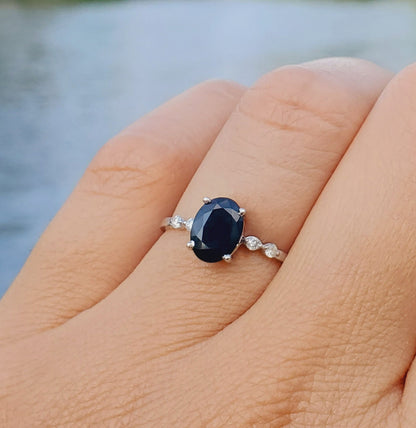 Gold Blue Sapphire Ring, 10K White Gold Natural Sapphire 8x6mm with Diamond Gemstone Women Rings, Engagement Rings, September Birthday Gift