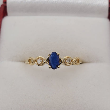 Gold Blue Sapphire Ring , 10K Gold Natural Blue Sapphire (0.42ct) With Diamond (0.02ct) Ring