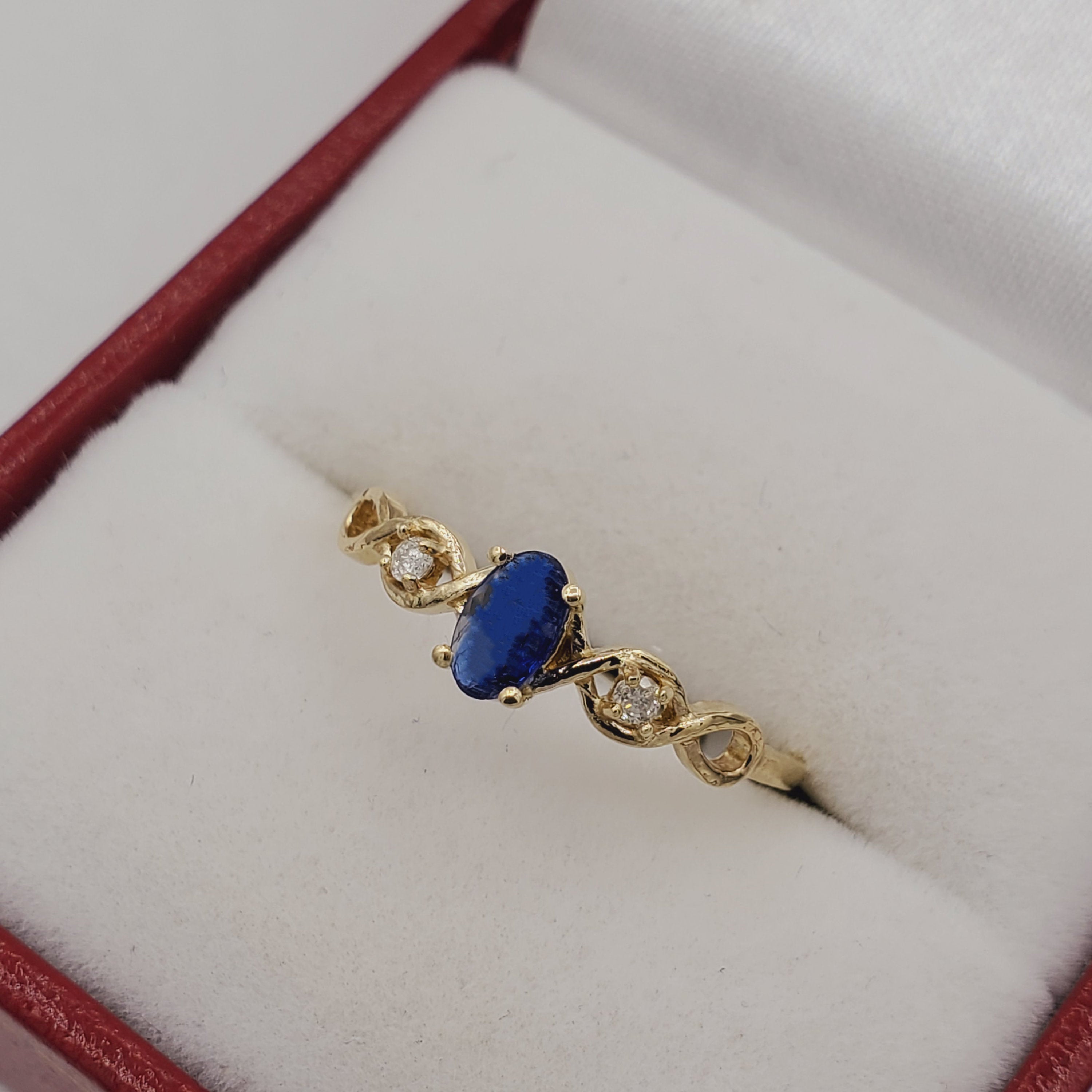 Gold Blue Sapphire Ring , 10K Gold Natural Blue Sapphire (0.42ct) With Diamond (0.02ct) Ring