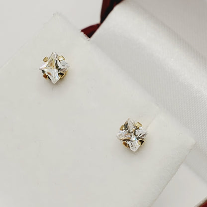 Princess Cut Pushbacks Square Studs, Yellow Gold Cubic Zirconia 4x4mm Stud Earrings, Gold CZ Earrings, Gold Princess Solitaire Earrings