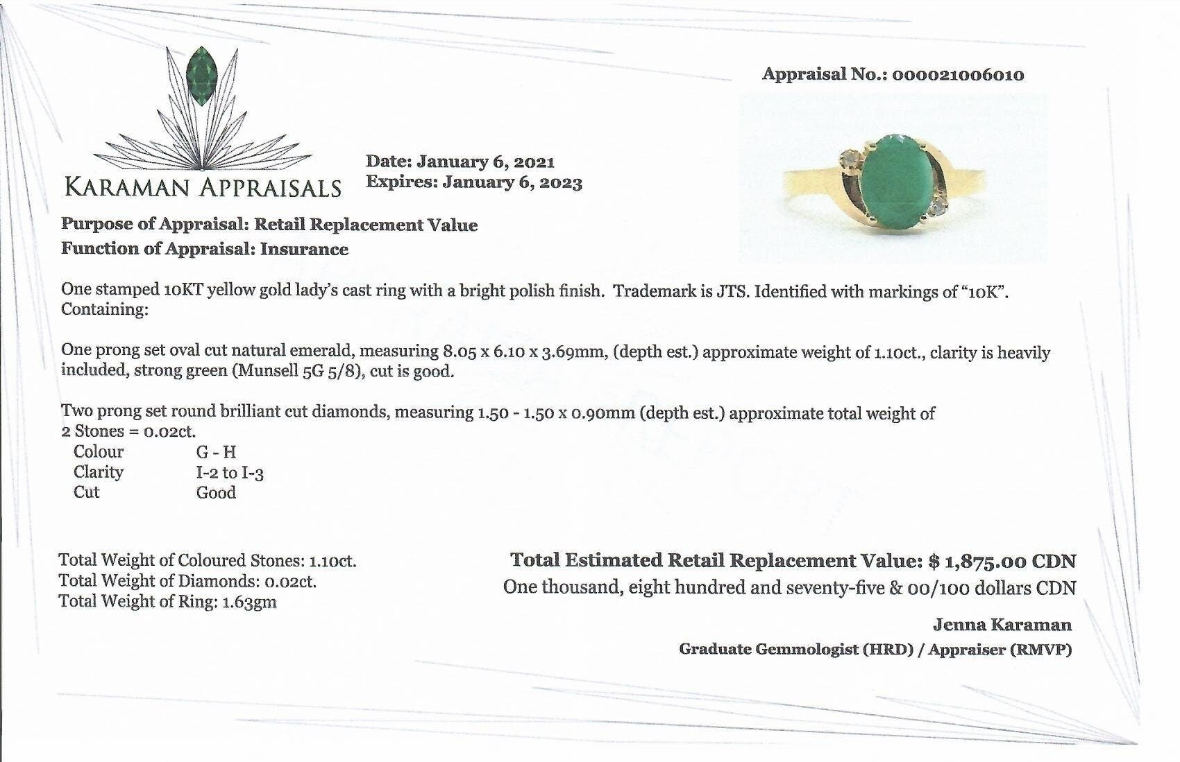 Gold Natural Emerald Ring , 10K Yellow Gold Natural Emerald 8x6mm Ring with Diamonds, May Birthstone, Emerald Jewelry, Green Gemstone Ring