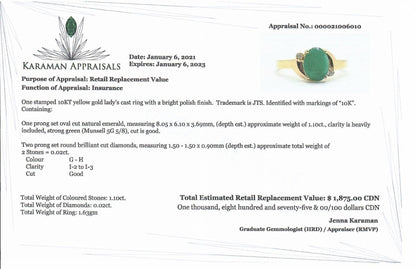 Gold Natural Emerald Ring , 10K Yellow Gold Natural Emerald 8x6mm Ring with Diamonds, May Birthstone, Emerald Jewelry, Green Gemstone Ring