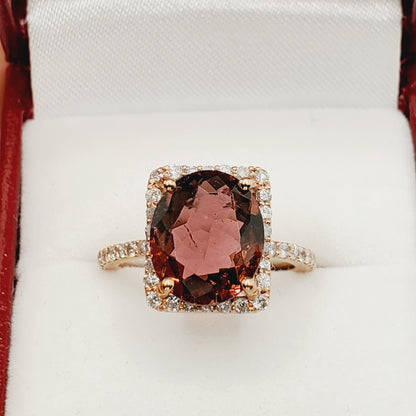 Gold Natural Tourmaline Ring, 10K Rose Gold Natural Tourmaline with Diamond Ring, Pink Gemstone Ring, Wedding Engagement Christmas Gift