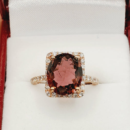 Gold Natural Tourmaline Ring, 10K Rose Gold Natural Tourmaline with Diamond Ring, Pink Gemstone Ring, Wedding Engagement Christmas Gift
