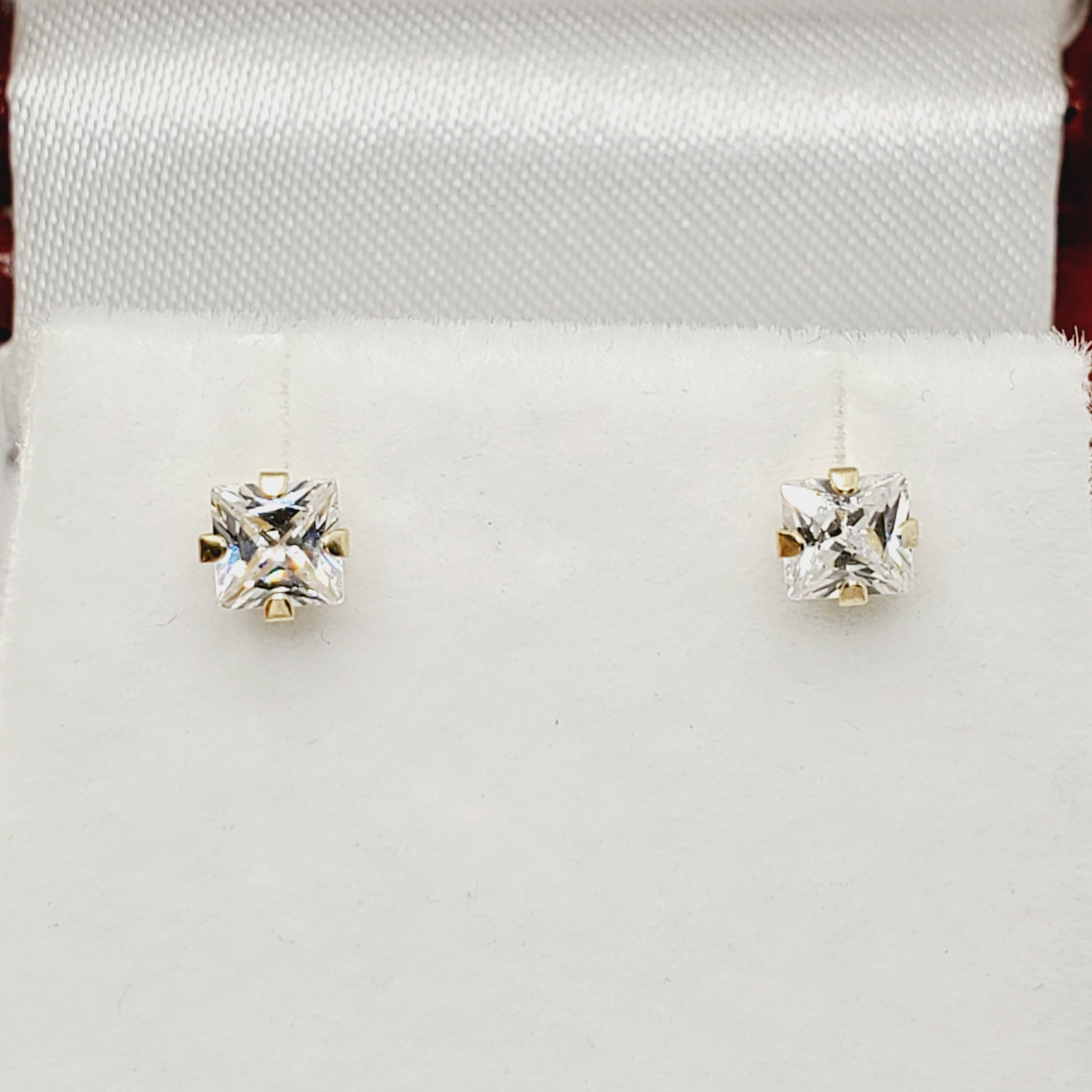 Princess Cut Pushbacks Square Studs, Yellow Gold Cubic Zirconia 4x4mm Stud Earrings, Gold CZ Earrings, Gold Princess Solitaire Earrings