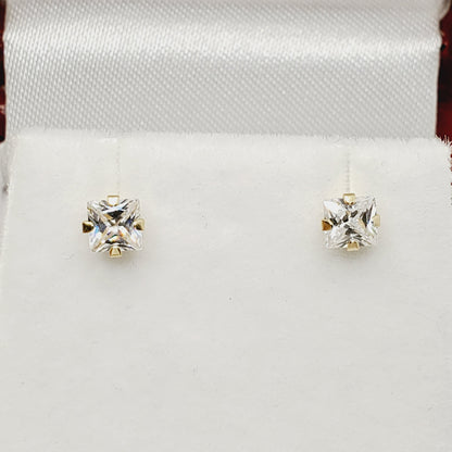 Princess Cut Pushbacks Square Studs, Yellow Gold Cubic Zirconia 4x4mm Stud Earrings, Gold CZ Earrings, Gold Princess Solitaire Earrings