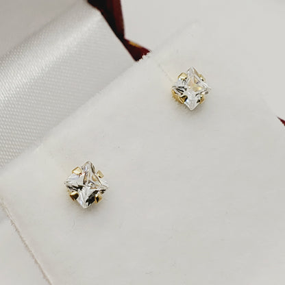 Princess Cut Pushbacks Square Studs, Yellow Gold Cubic Zirconia 4x4mm Stud Earrings, Gold CZ Earrings, Gold Princess Solitaire Earrings