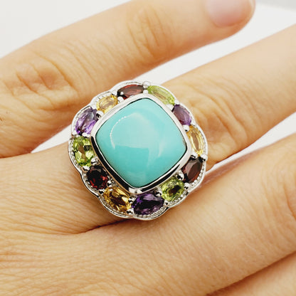 Sterling Silver Square Turquoise Ring with Genuine Gemstone, Family Birthstone Ring, Dainty Birthstone Ring, Multiple Birthstone Ring