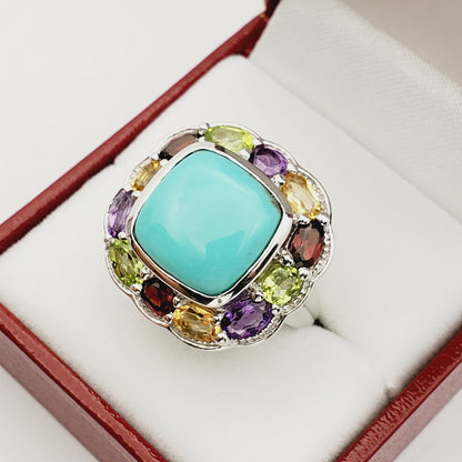 Sterling Silver Square Turquoise Ring with Genuine Gemstone, Family Birthstone Ring, Dainty Birthstone Ring, Multiple Birthstone Ring
