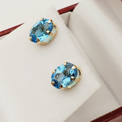 Blue Topaz  Earrings | 10K Yellow Gold Blue Topaz 9x7mm Stud Earrings