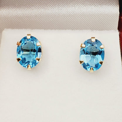 Blue Topaz  Earrings | 10K Yellow Gold Blue Topaz 9x7mm Stud Earrings