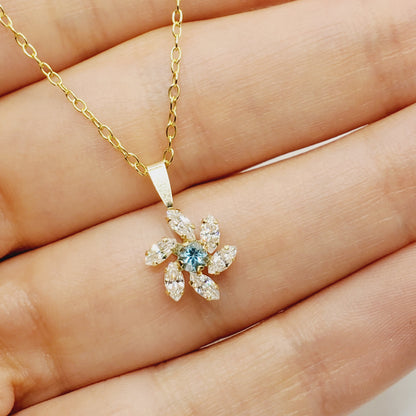 Gold Blue Topaz Starburst Pendant Necklace , 10K Yellow Gold Genuine Blue Topaz and Cubic Zirconia Pendant, Gift for Her, Cute Pendant