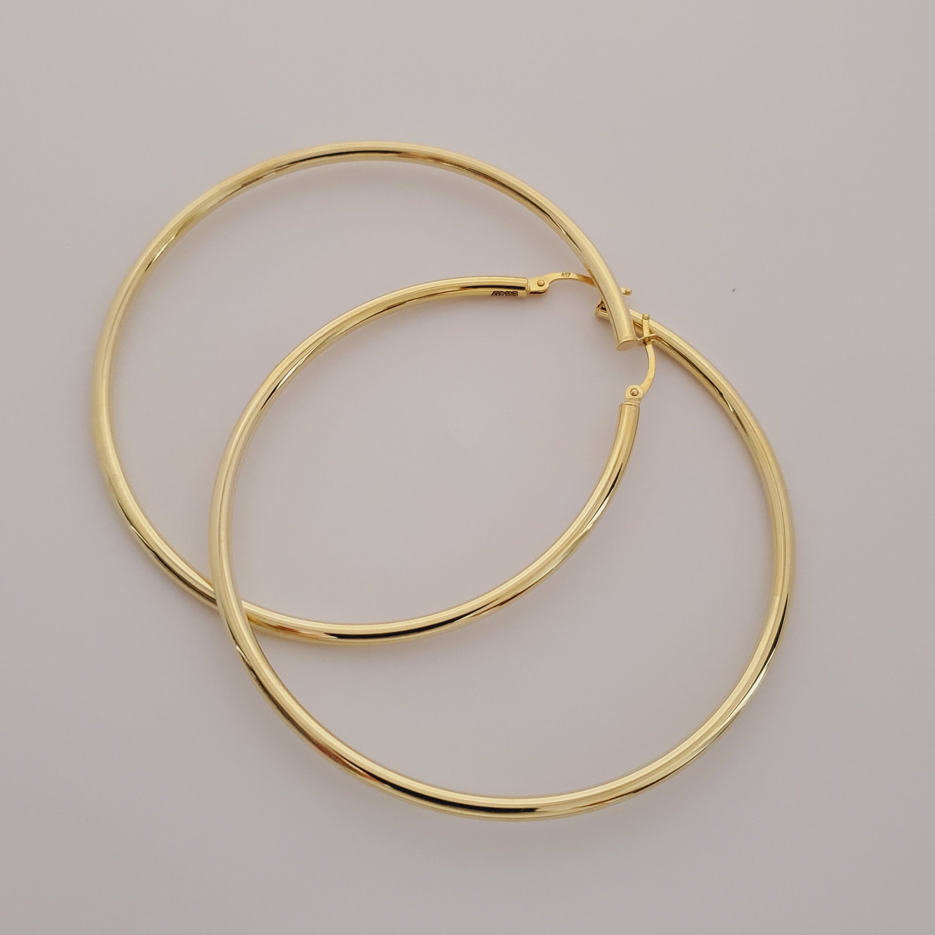 Large Gold Hoop Women’s Earrings, Fashionable Shiny Jewelry Earrings for Girls, Handmade 10K Yellow Gold Circle Earrings 75mm, Simple Hoops