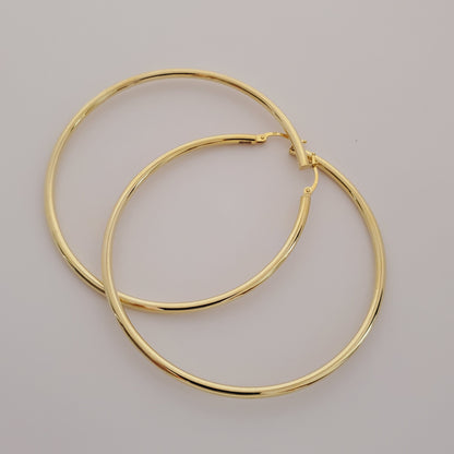 Large Gold Hoop Women’s Earrings, Fashionable Shiny Jewelry Earrings for Girls, Handmade 10K Yellow Gold Circle Earrings 75mm, Simple Hoops